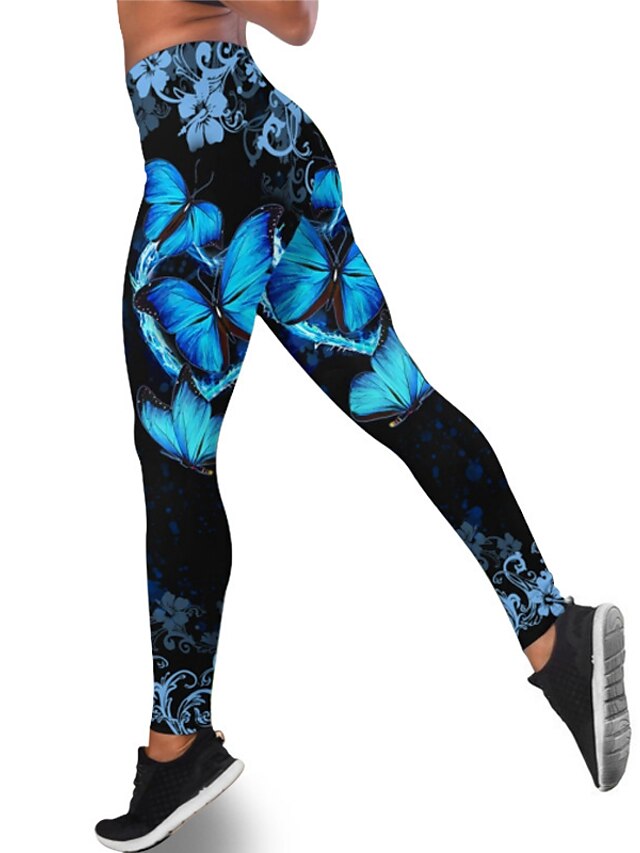  Women's Athleisure Sports Print Tights Leggings Full Length Pants Stretchy Leisure Sports Weekend Print Butterfly Mid Waist Tummy Control Butt Lift Slim Blue Black Pink Red Yellow S M L XL XXL