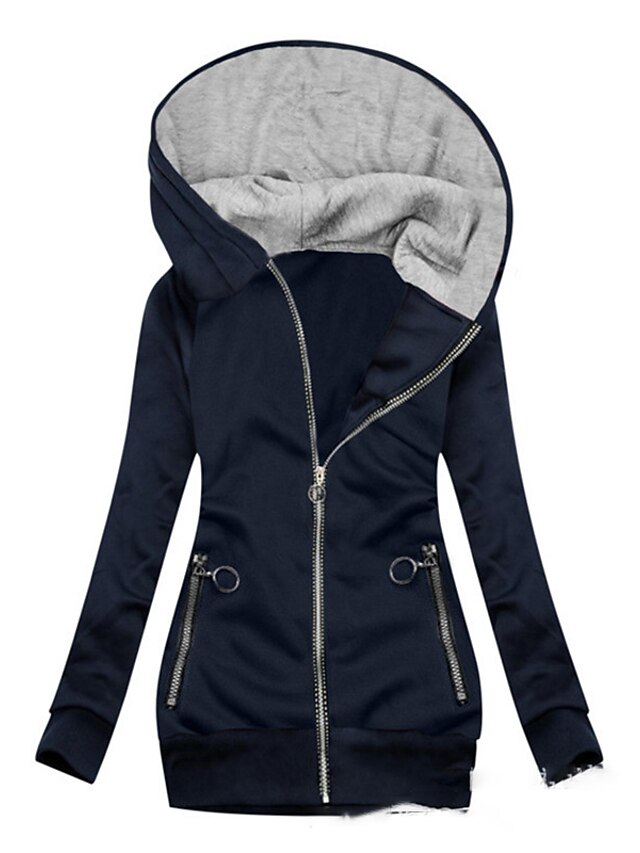  Women's Coat Hoodied Jacket Quilted Full Zip Pocket Regular Coat Black Khaki Red Navy Blue Street Casual Zipper Fall Hoodie Regular Fit S M L XL XXL 3XL / Daily / Warm / Color Block