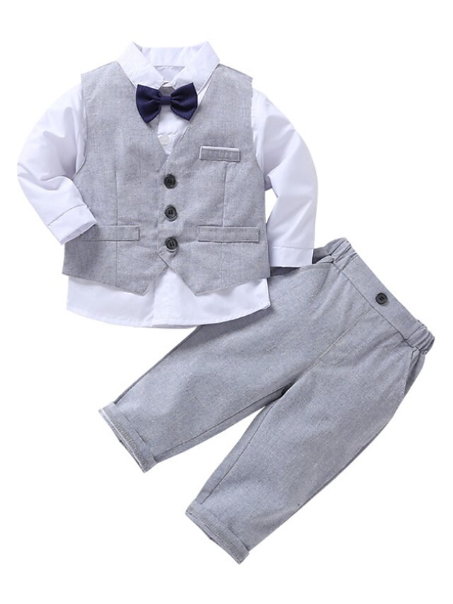  Toddler Boys Suit & Blazer Pants Set Clothing Set Long Sleeve 3 Pieces Gray Bow Solid Color Party School Date Cotton Regular Active Basic 1-3 Years Maxi / Fall / Spring