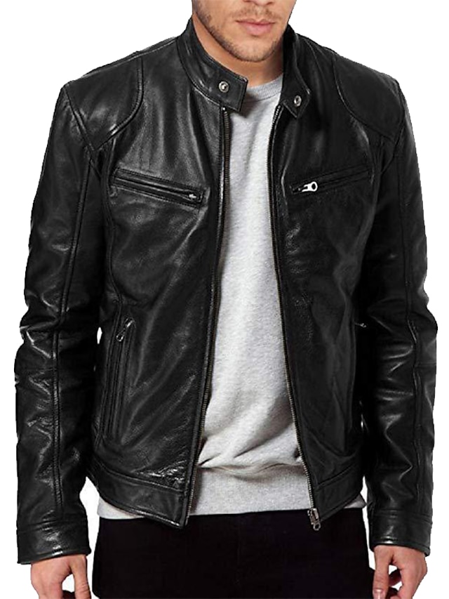  Men's Faux Leather Jacket Biker Jacket Motorcycle Jacket Street Daily Thermal Warm Windproof Pocket Fall Stand Collar Regular Faux Leather Regular Fit Black Jacket