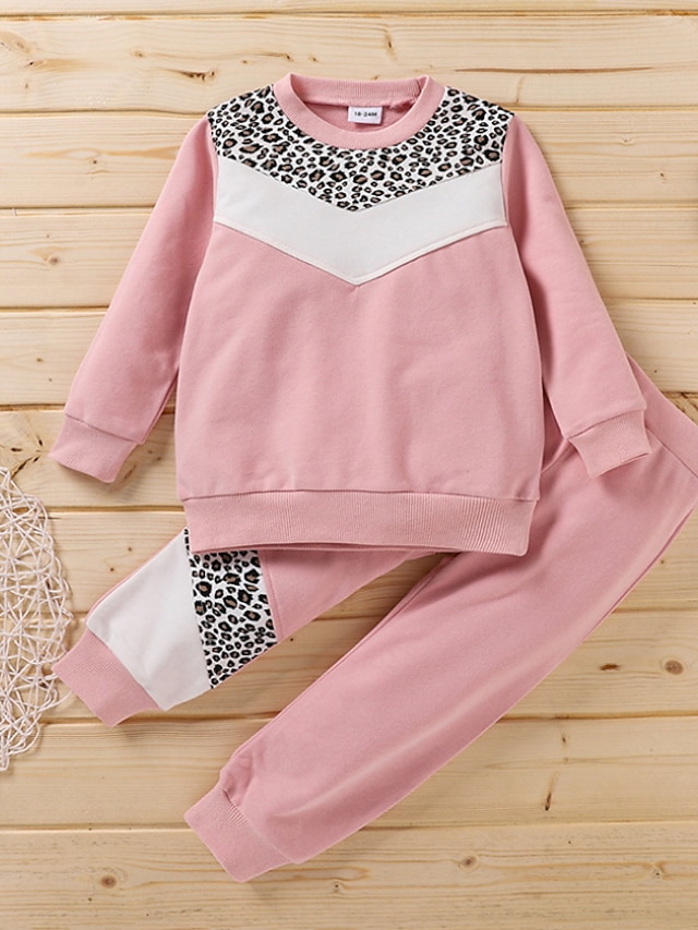  Kids Girls' Clothing Set Long Sleeve 2 Pieces Pink Print Leopard Casual Daily Cotton Regular Cute Sweet 3-8 Years Maxi / Fall
