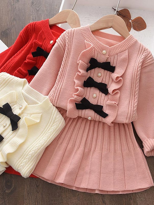  Kids Toddler Girls' Clothing Set Long Sleeve 2 Pieces White Pink Red Pleated Ruffle Bow Solid Color Regular Cute Sweet 2-6 Years / Fall / Spring