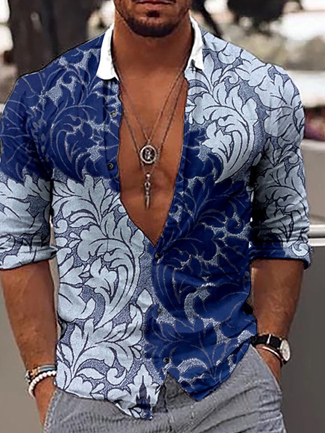  Men's Shirt Floral 3D Print Collar Casual Daily Long Sleeve 3D Print Button-Down Tops Casual Fashion Comfortable Blue / Sports / Fall