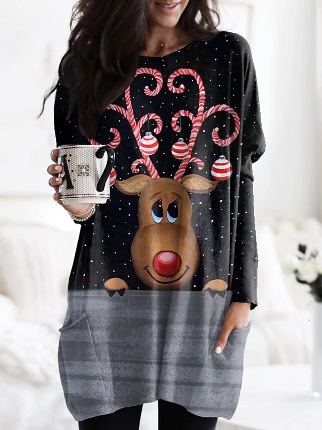  Women's T shirt 3D Printed Painting 3D Reindeer Round Neck Pocket Print Basic Tops Black