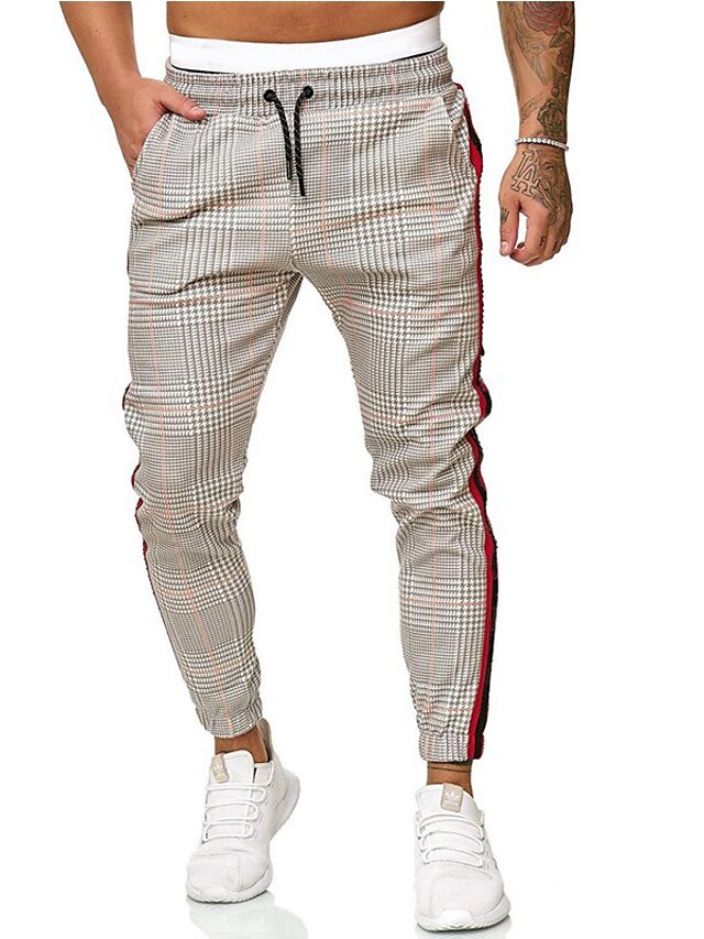  Men's Retro Vintage Casual Drawstring Pocket Skinny Chinos Full Length Pants Stretchy Casual Daily Cotton Blend Graphic Lattice Mid Waist Khaki Dark Gray Navy Blue Yellow S M L XL