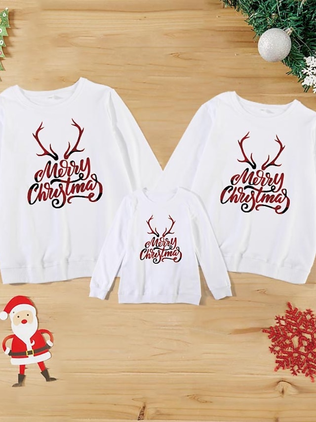  Christmas Tops Cotton Family Look Christmas Gifts Cartoon Deer Print Black Red White Long Sleeve Basic Matching Outfits / Fall / Spring / Cute