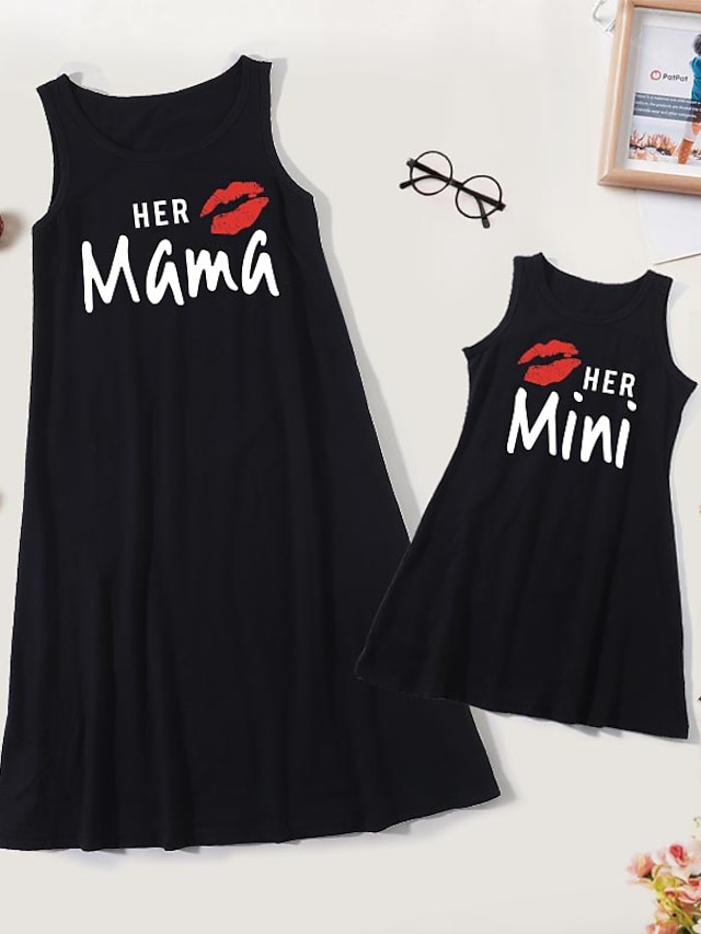  Mommy and Me Cotton Dresses Daily Cartoon Letter Print Black Knee-length Sleeveless Tank Dress Cute Matching Outfits / Summer / Long
