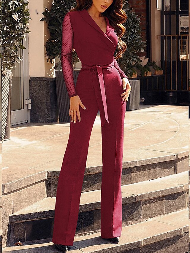  Women's Jumpsuit Color Block Bow Casual Daily V Neck Casual Date Long Sleeve Regular Fit Green Black Wine S M L Fall