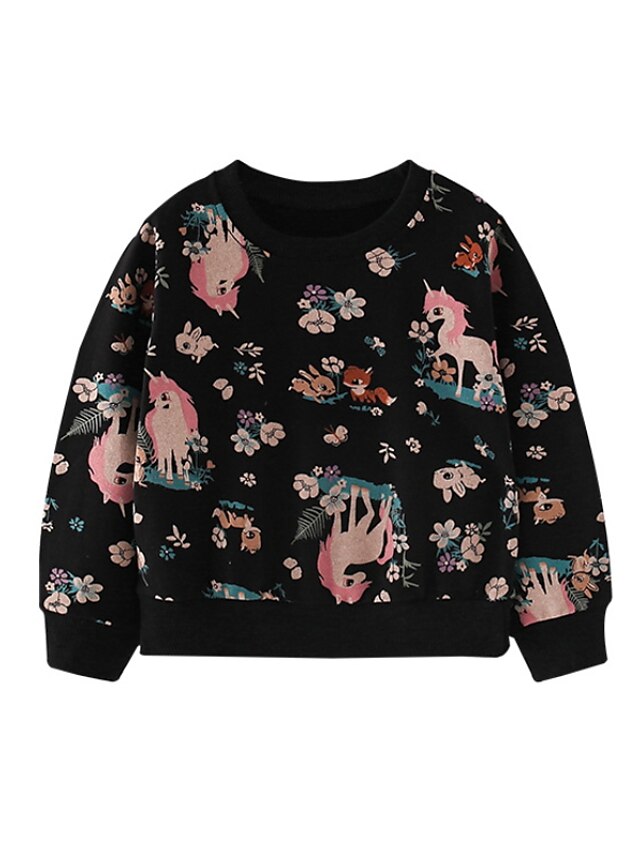 Kids Girls' Sweatshirt Long Sleeve Black Floral Cartoon Unicorn Daily Outdoor Cotton Active Basic 2-8 Years / Fall / Spring