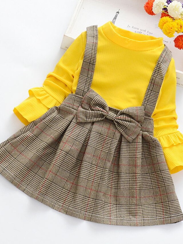  Kids Girls' T-shirt & Skirt Long Sleeve 2 Pieces Black Pink Yellow Bow Plaid Daily Cotton Regular Active Sweet 3-8 Years / Fall / Spring