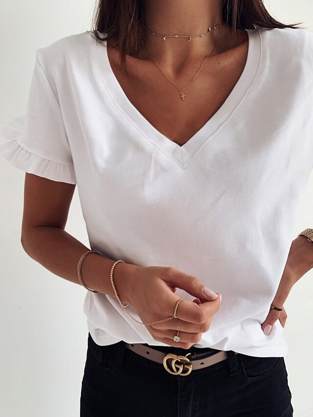  Women's V Neck T Shirt White Solid Plain