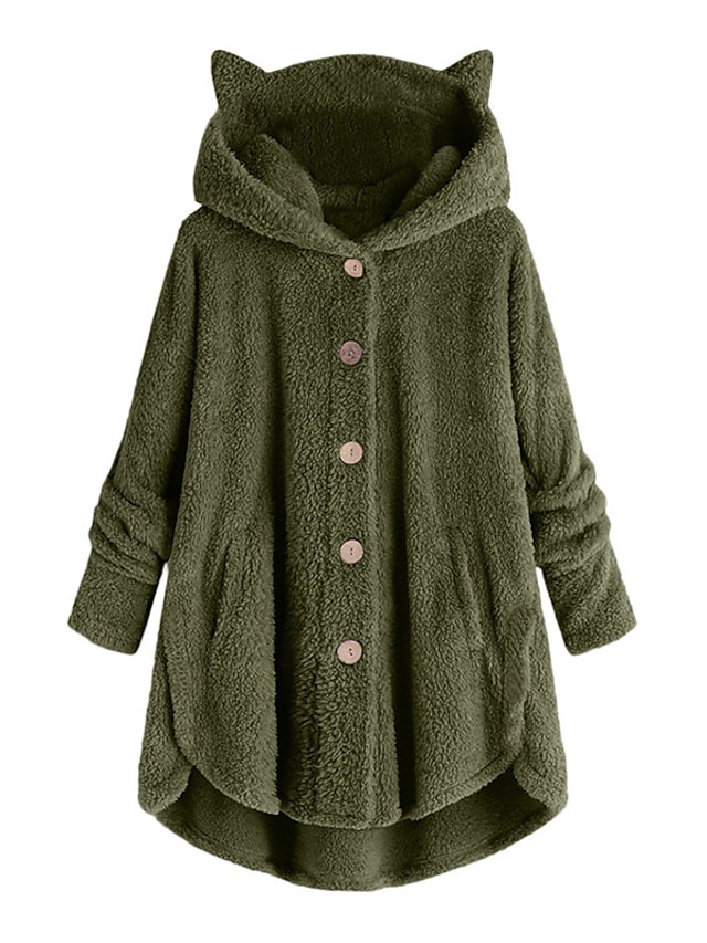  Women's Coat Teddy Coat Sherpa jacket Fur Trim Pocket Regular Coat Green Black Gray Daily Casual Single Breasted Fall Hoodie Regular Fit S M L XL XXL 3XL / Warm / Plain