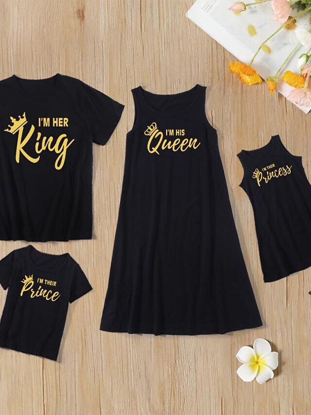  Family Look Cotton Family Sets Daily Letter Print Black Knee-length Sleeveless Tank Dress Basic Matching Outfits / Summer / Long / Cute
