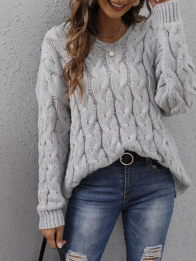  Women's Pullover Sweater Jumper Solid Color Knitted Stylish Casual Long Sleeve Sweater Cardigans Fall Winter V Neck Yellow Wine Gray