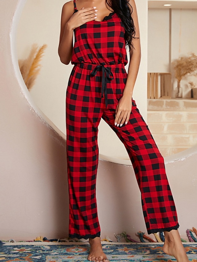  Women's 1 pc Pajamas Sets Simple Comfort Sweet Grid / Plaid Polyester Home Daily Straps Gift Strap Top Sleeveless Backless Elastic Waist Pant Fall Spring Red / Seamed / Shirt