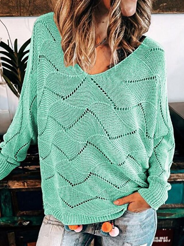  Women's Sweater Pullover Jumper Solid Color Knitted Stylish Casual St. Patrick's Day Long Sleeve Regular Fit Sweater Cardigans Fall Winter V Neck Green Blue Pink