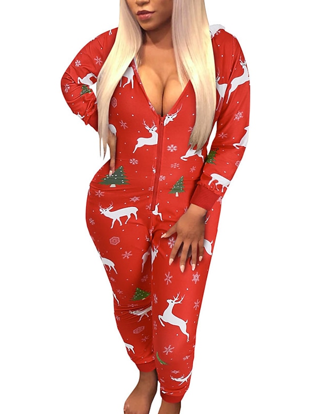 Women's Jumpsuit Geometric Print Casual V Neck Home Long Sleeve Regular Fit Red cat Red deer White deer S M L Fall