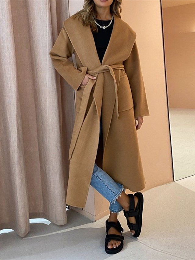  Women's Coat Fall Winter Street Daily Long Coat Warm Regular Fit Casual Jacket Long Sleeve Lace up Pocket Plain Brown