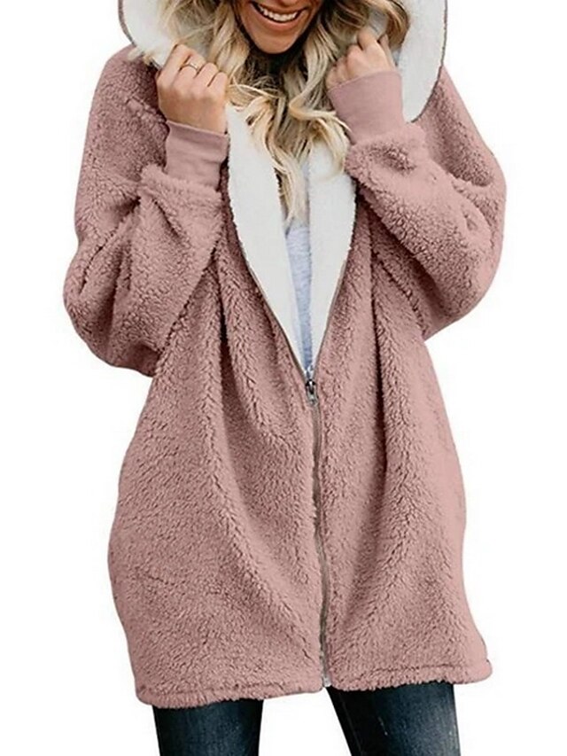  Women's Fleece Jacket Sherpa Jacket Teddy Coat Hoodie Jacket Valentine's Day Street Daily Spring Fall Winter Long Coat Loose Fit Windproof Active Cute Casual Jacket Long Sleeve Solid Color Full Zip