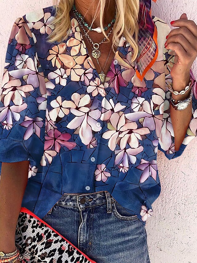  Mulheres Feriado Blusa Camisa Social Tema Flores Manga Longa Floral Gráfico Colarinho Clerical Botão Imprimir Casual Roupa de rua Blusas Normal Azul Verde Vermelho / Impressão 3D