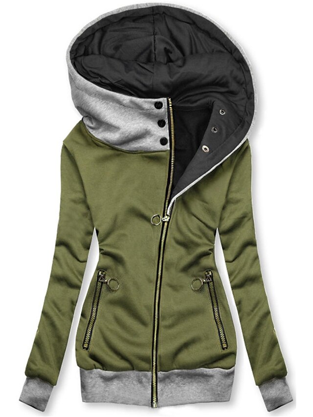  Women's Jacket Fall Winter Street Daily Valentine's Day Regular Coat Warm Breathable Regular Fit Casual Jacket Long Sleeve Full Zip Pocket Color Block Green Red