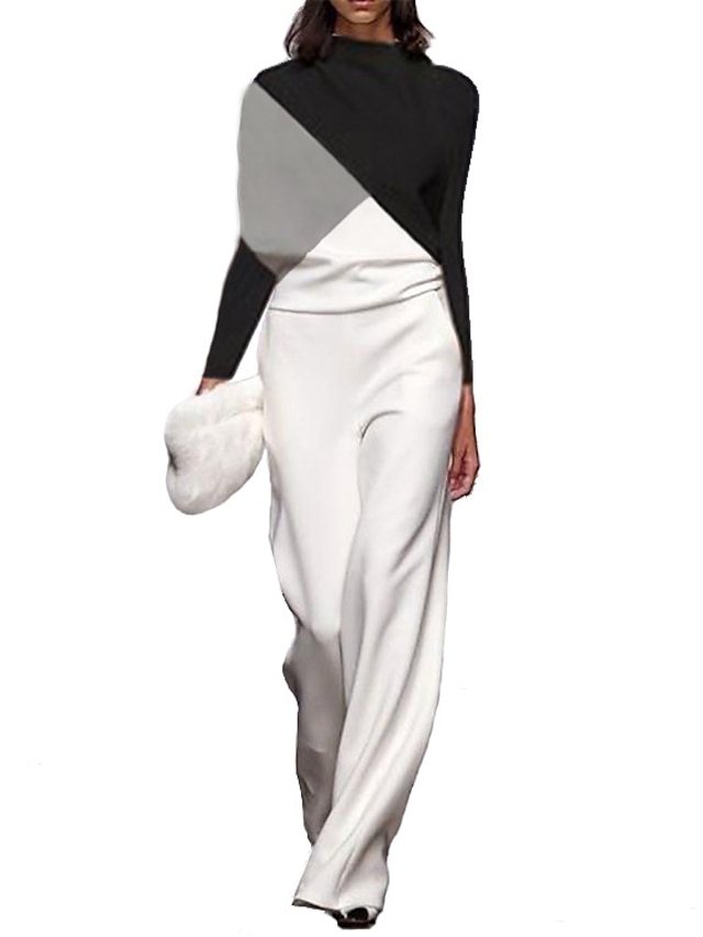  Women's Jumpsuit Color Block Casual Crew Neck Street Daily Wear Long Sleeve Regular Fit White S M L Fall