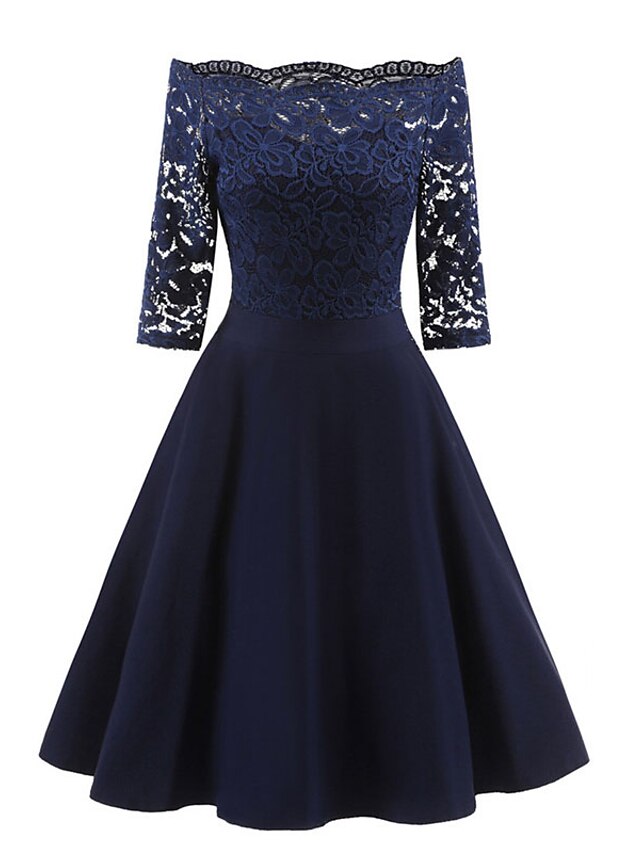  Women's Knee Length Dress A Line Dress Wine Navy Blue Half Sleeve Lace Bow Solid Color Off Shoulder Fall Winter Party Elegant Formal 2021 Regular Fit S M L XL XXL / Party Dress