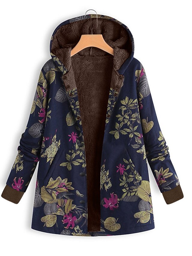  Women's Coat Fall Winter Street Daily Valentine's Day Regular Coat Windproof Warm Regular Fit Casual St. Patrick's Day Daily Jacket Long Sleeve Fur Trim Pocket Floral Green Blue White / Print / Print
