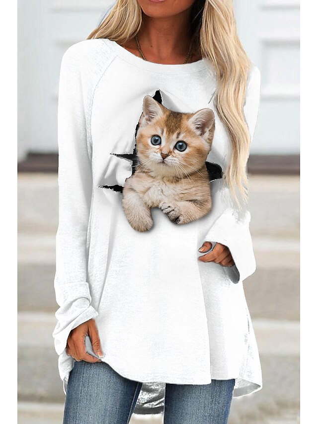  Women's Cat 3D Animal Daily Weekend 3D Cat Painting Long Sleeve T shirt Tee Round Neck Print Basic Essential Tops Green White Blue S / 3D Print
