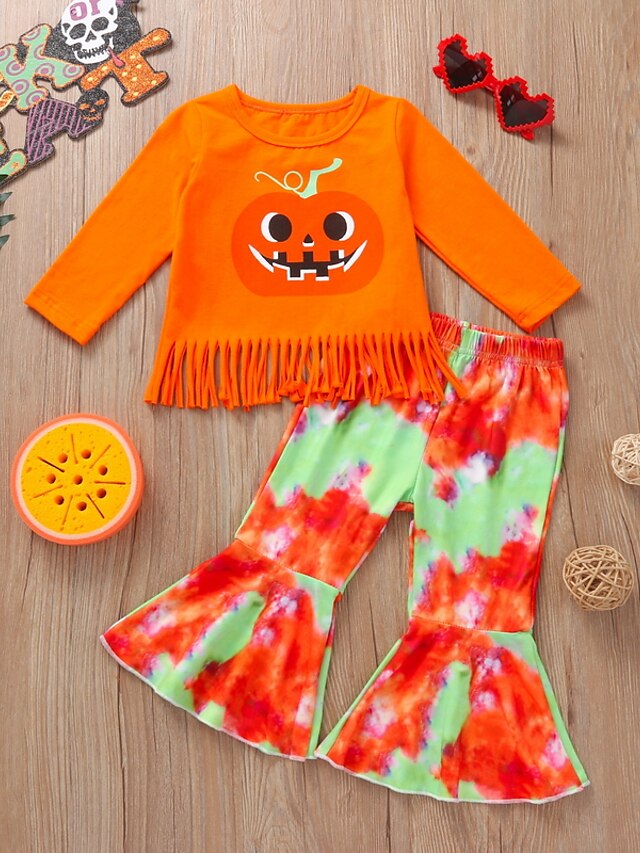  Børn Pige T-shirt & Bukser Halloween Langærmet 2 Dele Orange Trykt mønster Batikfarvet Græskar Halloween Bomuld Normal Aktiv Sej 3-8 år / Efterår