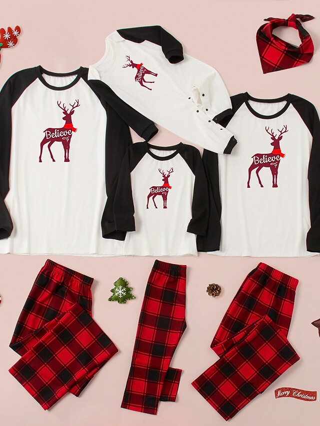  Family Look Christmas Pajamas Daily Plaid Deer Letter Patchwork White Black Gray Long Sleeve Daily Matching Outfits / Fall / Winter / Cute / Print