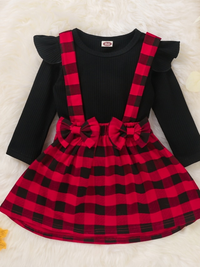  Toddler Little Girls' Dress Plaid Casual Daily Strap Dress Bow Red Above Knee Cotton Long Sleeve Princess Cute Dresses Fall Regular Fit 1-4 Years
