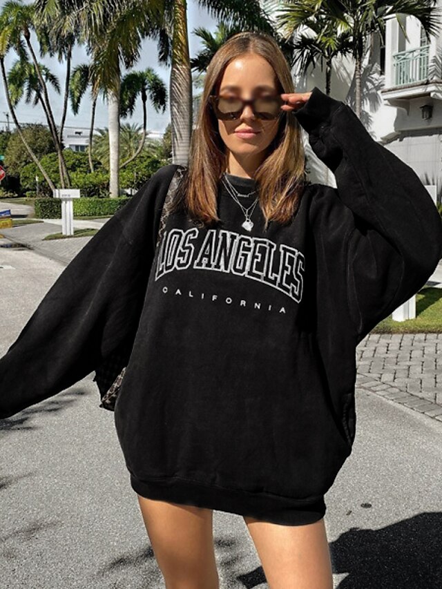  Damen Slogan Los Angeles Kapuzenshirt Pullover Täglich Grundlegend Alltag Baumwolle Kapuzenpullover Sweatshirts überdimensional Schwarz Grau