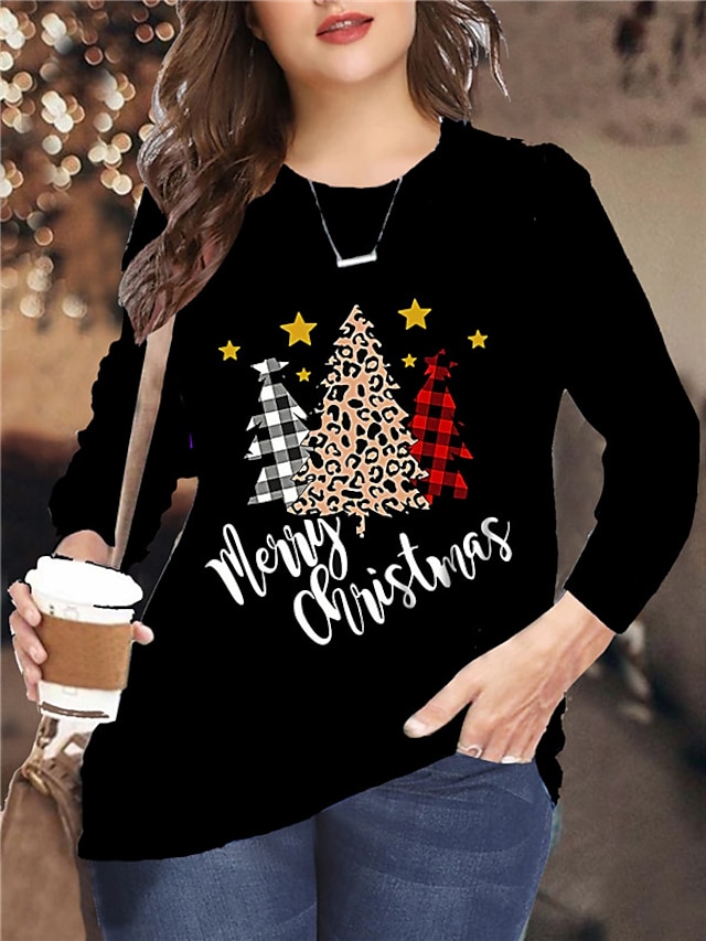  Women's Plus Size Tops Plaid Letter Pullover Sweatshirt Long Sleeve Print Streetwear Festival Crewneck Microfiber Christmas Daily Fall Winter Black White / Regular Fit