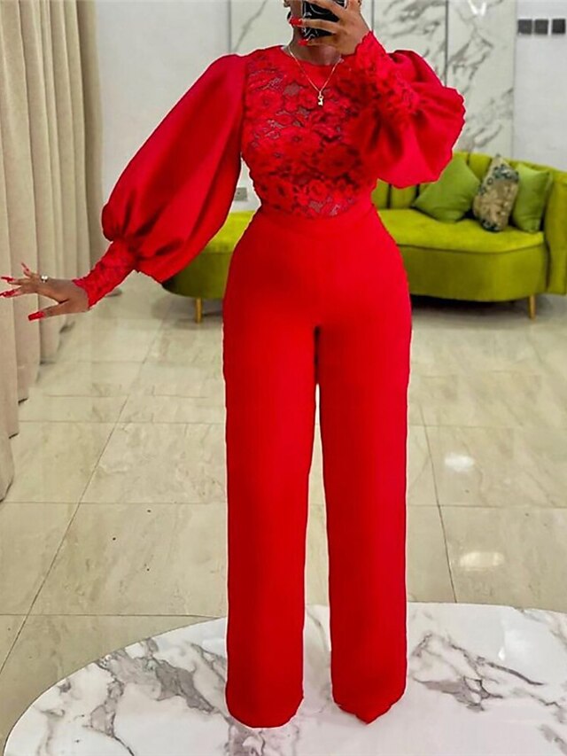  Women's Jumpsuit Lace Flower Solid Color Crew Neck Casual Wedding Birthday Straight Regular Fit Long Sleeve Bishop Sleeve Red S M L Fall