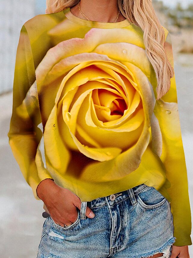  Dame Blomstret 3D Ferie Helg Blomster Tema Maling Langermet T skjorte Rund hals Trykt mønster Grunnleggende Topper Blå Gul Rød S / 3D-utskrift