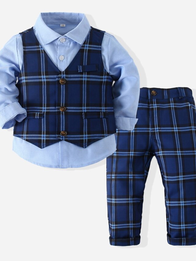  Kids Boys' Suit & Blazer Pants Set Formal Set Long Sleeve 3 Pieces Blue Plaid Solid Color Casual Daily Cotton Regular Active Basic 3-8 Years Maxi / Fall / Spring