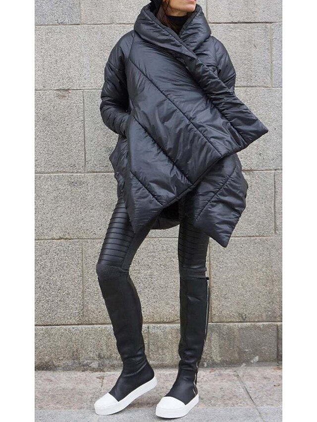  Women's Down Winter Casual Daily Wear Regular Coat Turtleneck Buttoned Front Warm Oversized Casual Streetwear Jacket Long Sleeve Oversized Solid Colored Black