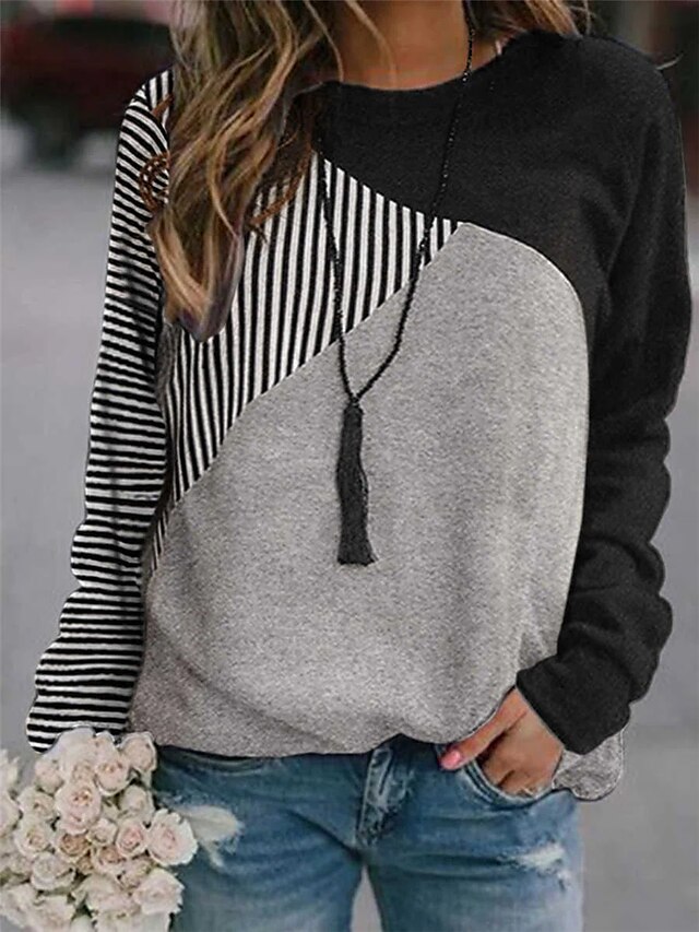  Damen Farbblock Pullover Patchwork 3D-Druck Alltag Kapuzenpullover Sweatshirts Grau