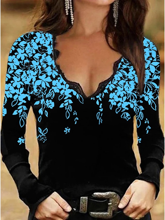  Women's Floral Graphic Patterned Holiday Weekend Floral Long Sleeve Blouse Shirt V Neck Lace Trims Print Casual Streetwear Tops Regular Fit White Blue Purple S
