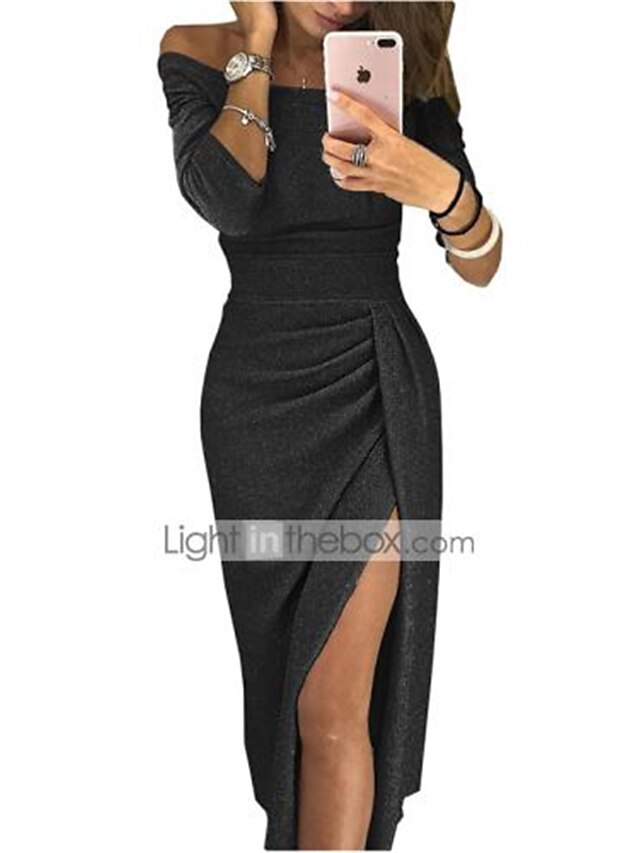  Women's Bodycon Midi Dress Black Red Blushing Pink Brown Light Green Beige Gray 3/4 Length Sleeve Solid Colored Solid Color Split Ruched Off Shoulder Hot Sexy Going out Off Shoulder S M L XL XXL 3XL