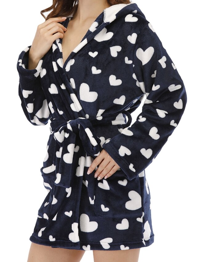  Women's 1 pc Pajamas Robes Gown Bathrobes Plush Comfort Sweet Heart Geometic Flannel Home Bed Spa V Wire Warm Gift Short Robe Basic Print Fall Winter Hoodie Royal Blue / Lace Up