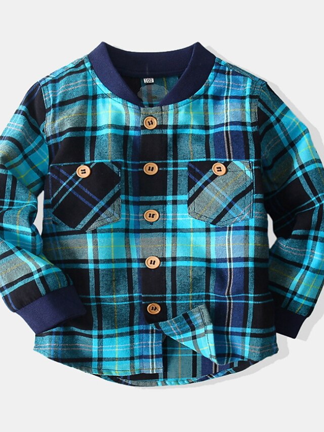  Kids Boys' Coat Long Sleeve Blue Pocket Plaid Cotton Active Cool 3-8 Years / Fall