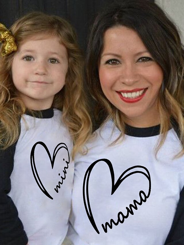  Mommy and Me Tops Daily Heart Letter Patchwork Black Long Sleeve Adorable Matching Outfits / Fall / Print