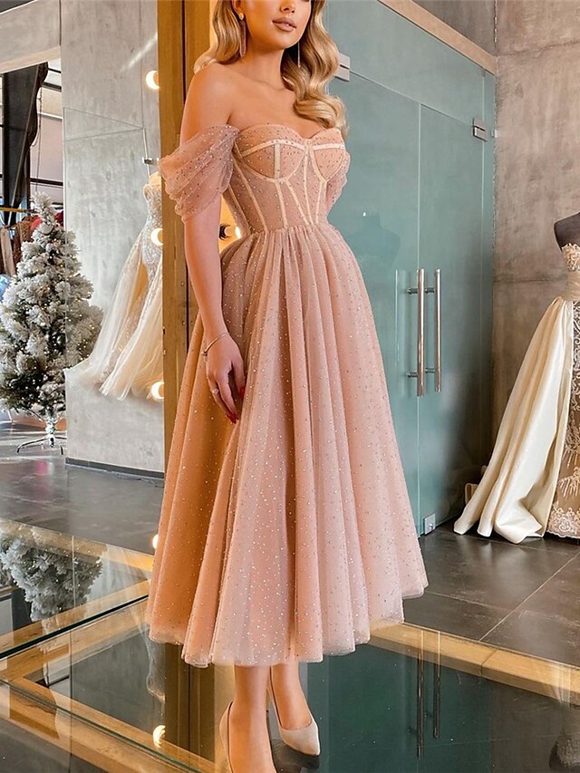  Women's Midi Dress A Line Dress Apricot Sleeveless Cold Shoulder Solid Color Off Shoulder Spring Summer Party Party Elegant Casual 2022 S M L XL