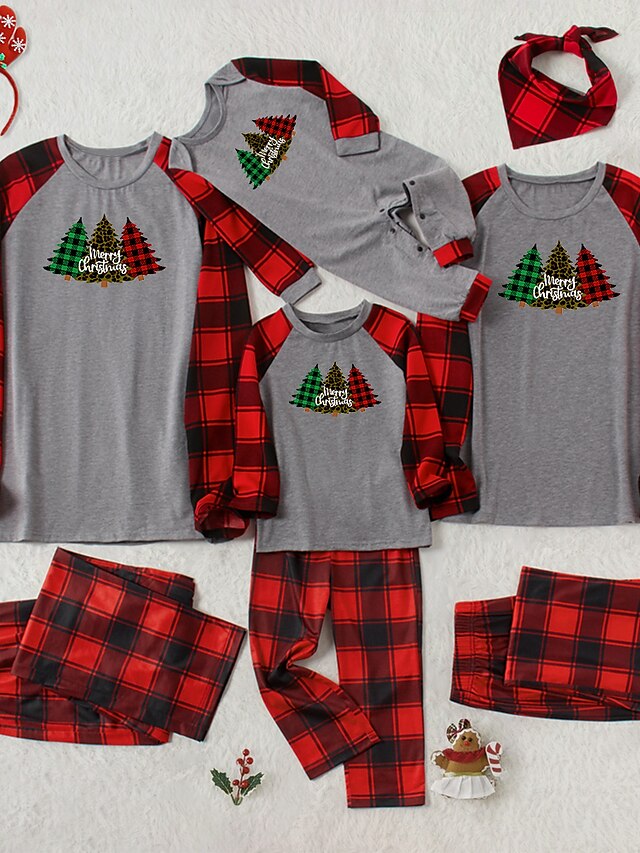  Family Look Christmas Pajamas Daily Plaid Christmas Tree Letter Patchwork White Black Gray Long Sleeve Adorable Matching Outfits / Fall / Winter / Print