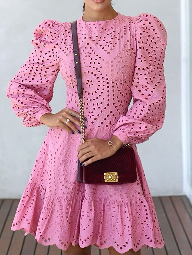  Femme Robe Longueur Genou Robe Trapèze Rose Claire Rouge Manches Longues A Volants Couleur unie Col Rond L'autume Printemps Décontractée Manche Gigot 2022 S M L XL