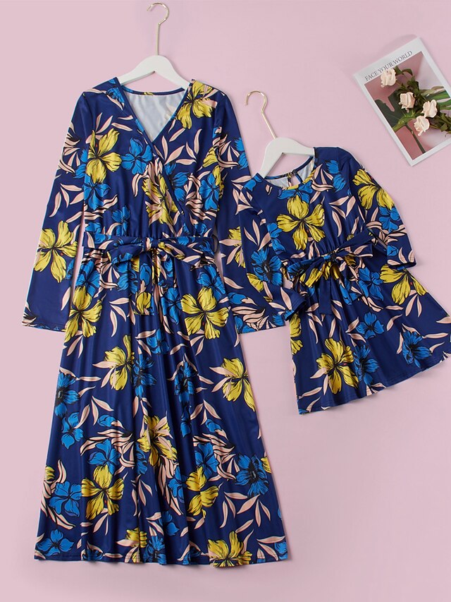  Mommy and Me Dresses Daily Floral Graphic Print Deep Blue Midi Long Sleeve Elegant Matching Outfits / Fall / Winter