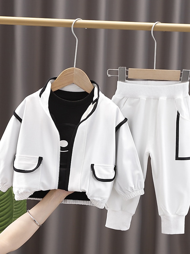  Toddler Boys' T-shirt & Pants Jacket & Pants Clothing Set Long Sleeve 3 Pieces White Black Gray Patchwork Solid Color Street Daily Cotton Cool Street Style 1-5 Years / Fall / Winter