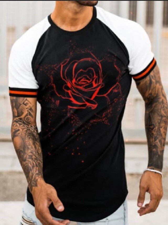  Herre Unisex T skjorte Rose 3D-utskrift 3D-utskrift Avslappet Kortermet Topper Retro Rød Bekvem Rund hals Svart / Rød